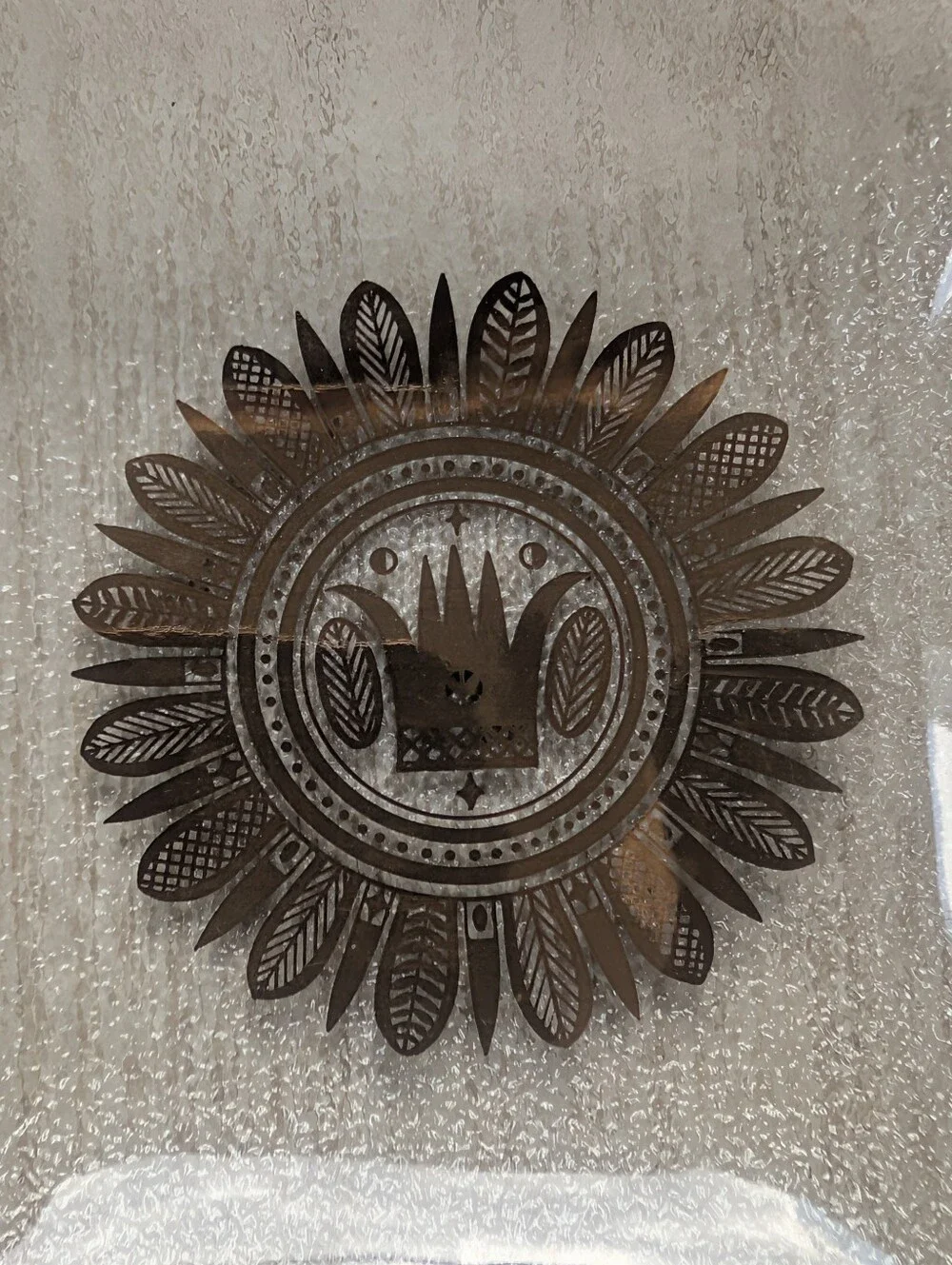 Vintage Georges Briard Glass Tray, Teak Handles, Gold & Brown Design.